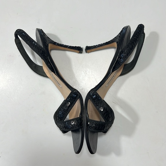 Manolo Blahnik Black Sequin Kitten Heels Sandals Stiletto Sz 37.5 7.5 - Picture 6 of 8